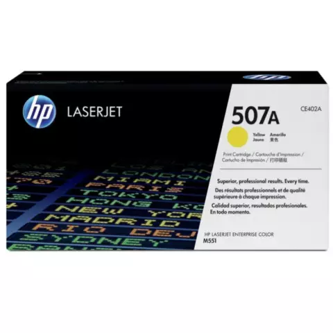 An image of a product called HP 507A Yellow Toner Cartridge (CE402A)