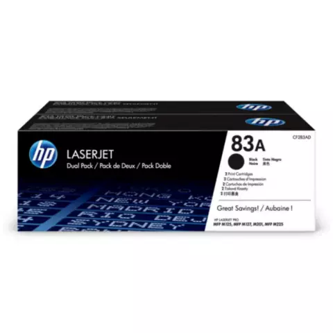 An image of a product called HP 83A Black Dual Pack Original LaserJet Toner Cartridge (CF283AF)